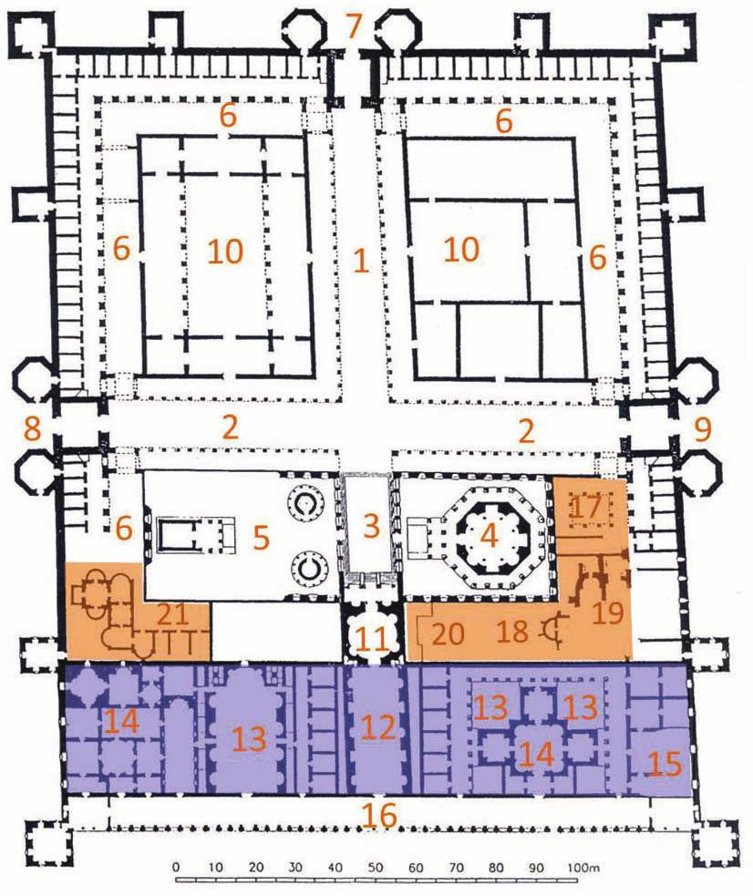 VAHD 109, 2016, 259-290 Tab. 2. Novi tlocrt Dioklecijanove palače s ucrtanim sklopovima istočnih (17, 18, 19 i 20) i zapadnih terma (21).