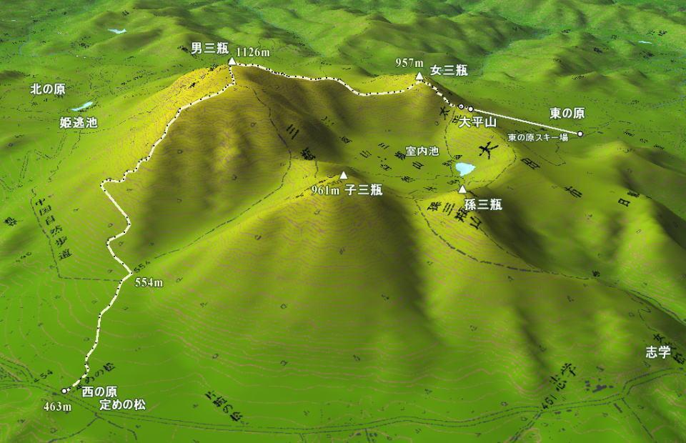 * http://awl-web.com/mountain/3d_map-old.htm "Sanbe-san", defined as an "active volcano" in 2003,.
