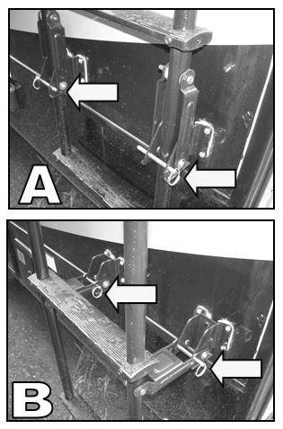 Section 13: Exterior Ladder operation 1. Pull all the locking pins (arrows) out of the ladder brackets (Fig. A). 2. Pull the ladder down and toward you and it will swing away from the RV. 3.