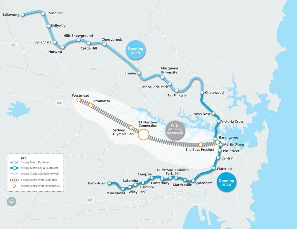 The biggest urban rail project in Australian history Northwest Sydney Metro Northwest alignment OPEN 2019 13 P 13 stations 4,000 commuter car parks 36 kilometres City & Southwest Sydney Metro City &