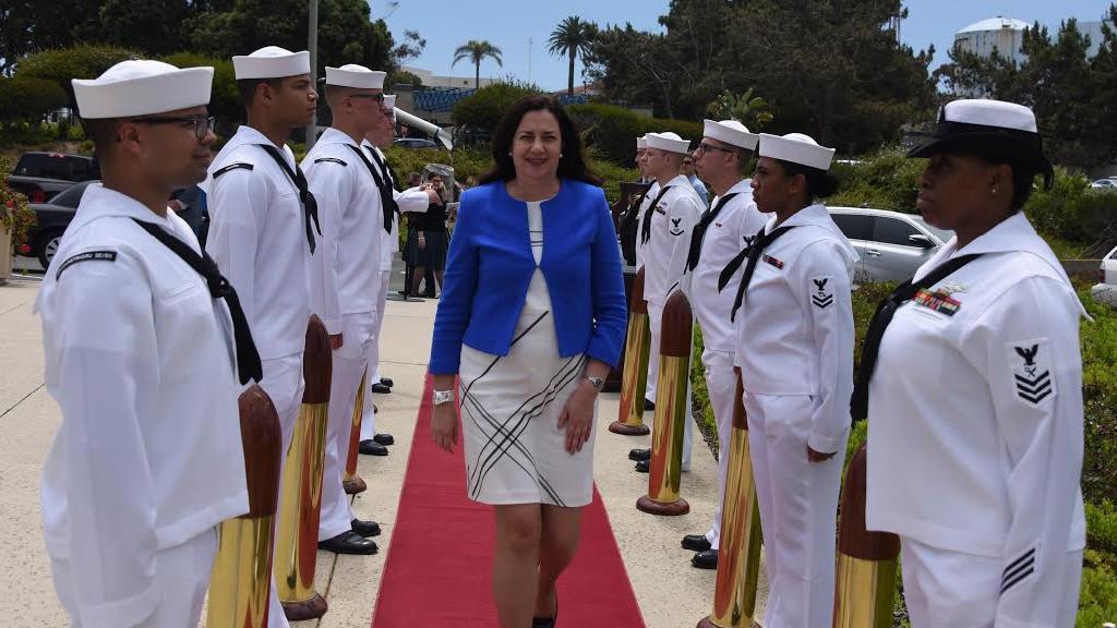 Premier Annastacia Palaszczuk receives a US navy guard of honour during her US trade tour.