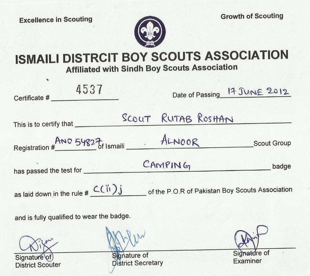 SCOUTING QUALIFICATION YAQEEN BADGE DATE OF PASSING CAMPING BADGE