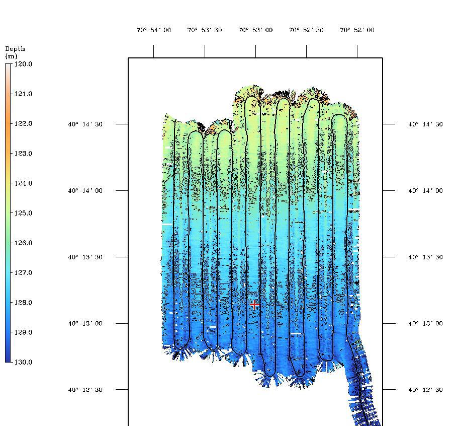 Figure 3-1 Example of "small scale" bathymetry survey. This survey of the Central Inshore site covers about 1.5 x 1.5 nm.