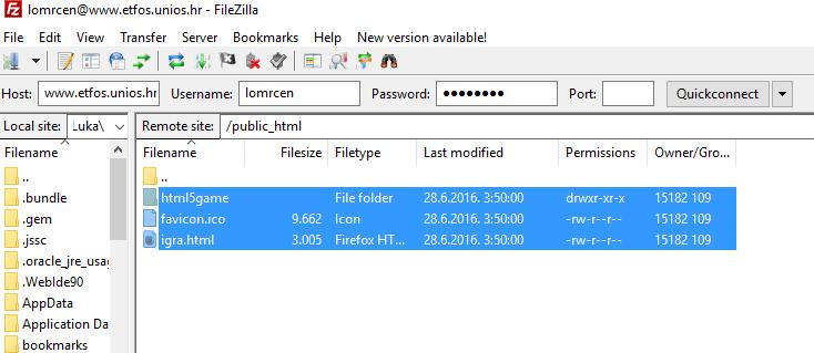 Kada je pohrana završena, potrebno je pokrenuti jedan od FTP programa, po mogućnosti FileZilla, prijaviti se na