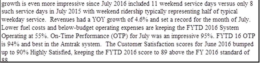 The Year To Date (YTD) results continue to be in positive territory. Compared to FY15, FYTD16 ridership and revenue are up 5.