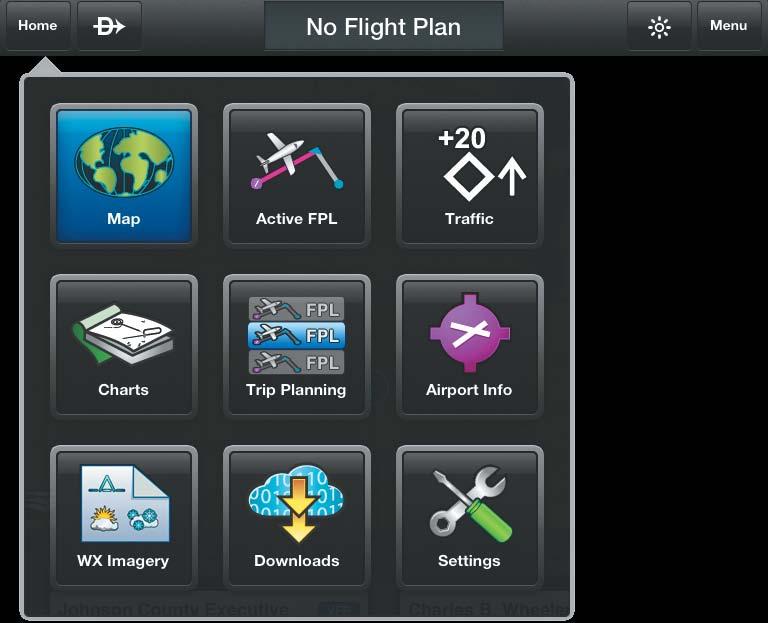 Overview HOME BUTTON The Home Button is the primary means of accessing many of the features of Garmin Pilot. The Home Button provides quick access to the various pages within Garmin Pilot (i.e., Map, Active Flight Plan, Trip Planning, Airport Information, Charts, Weather Imagery, Downloads, Settings, and Traffic.