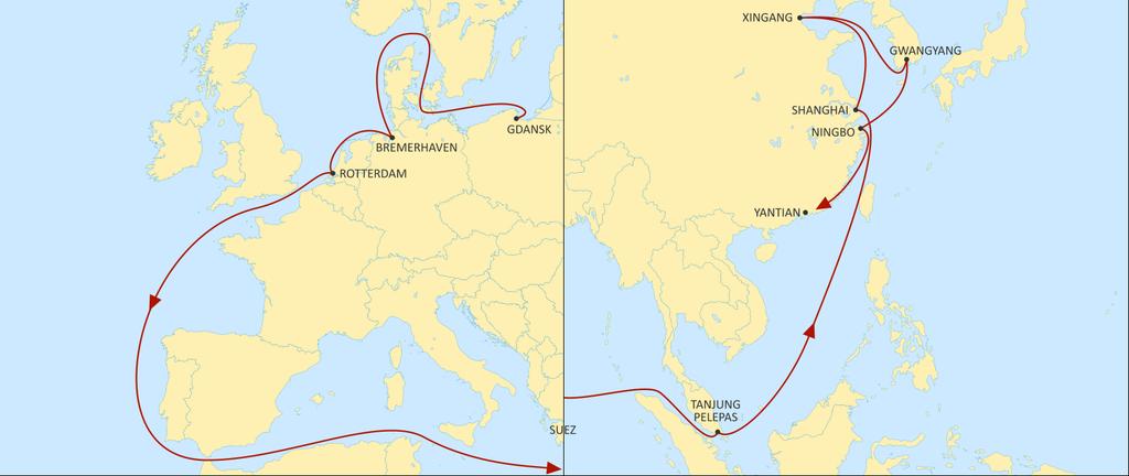 ASIA NORTH EUROPE SILK EASTBOUND Direct call from Gdansk to Asia with connections for all SEA thru TPP HUB Faster connection from NEU HUB (BRV/ RTM) to Japan via Ningbo RTM to Ningbo > 37 days BRV to