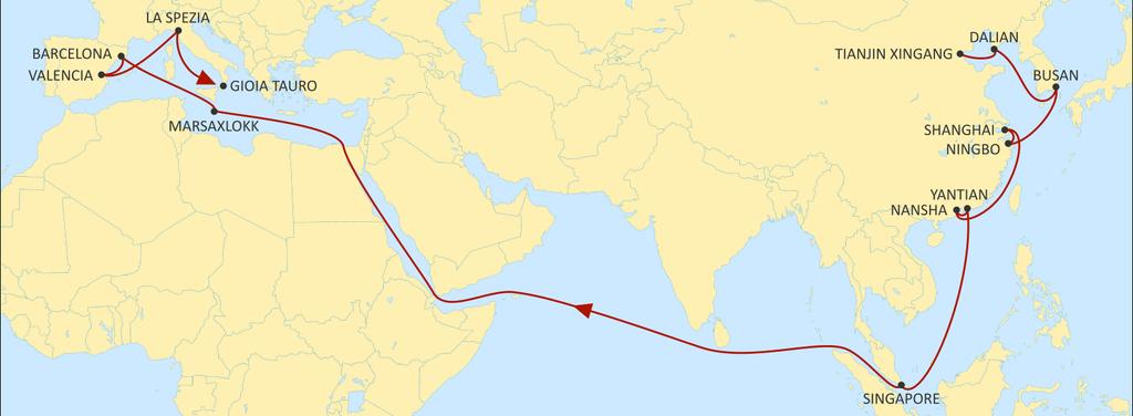 ASIA MEDITERRANEAN JADE WESTBOUND Extensive port coverage in Asia including new direct calls to Xingang & Dalian. Best transit times to Spain with widespread port coverage.