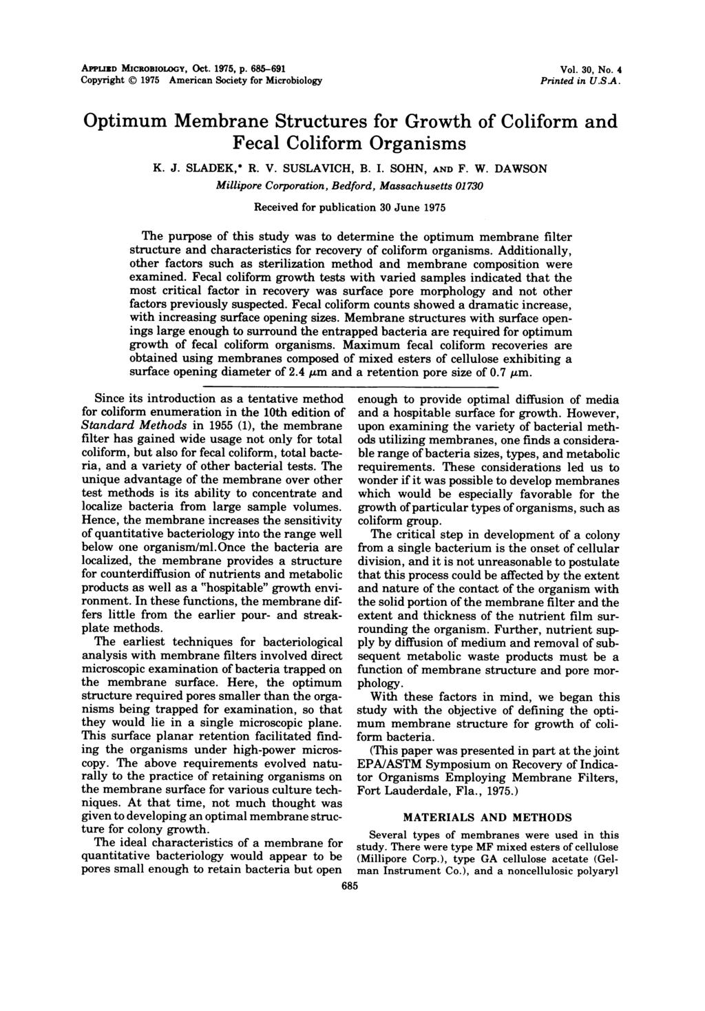 APPLIED MICROBIOLOGY, Oct. 1975, p. 685-691 Copyright i 1975 American Society for Microbiology Vol. 3, No. 4 Printed in U.SA.