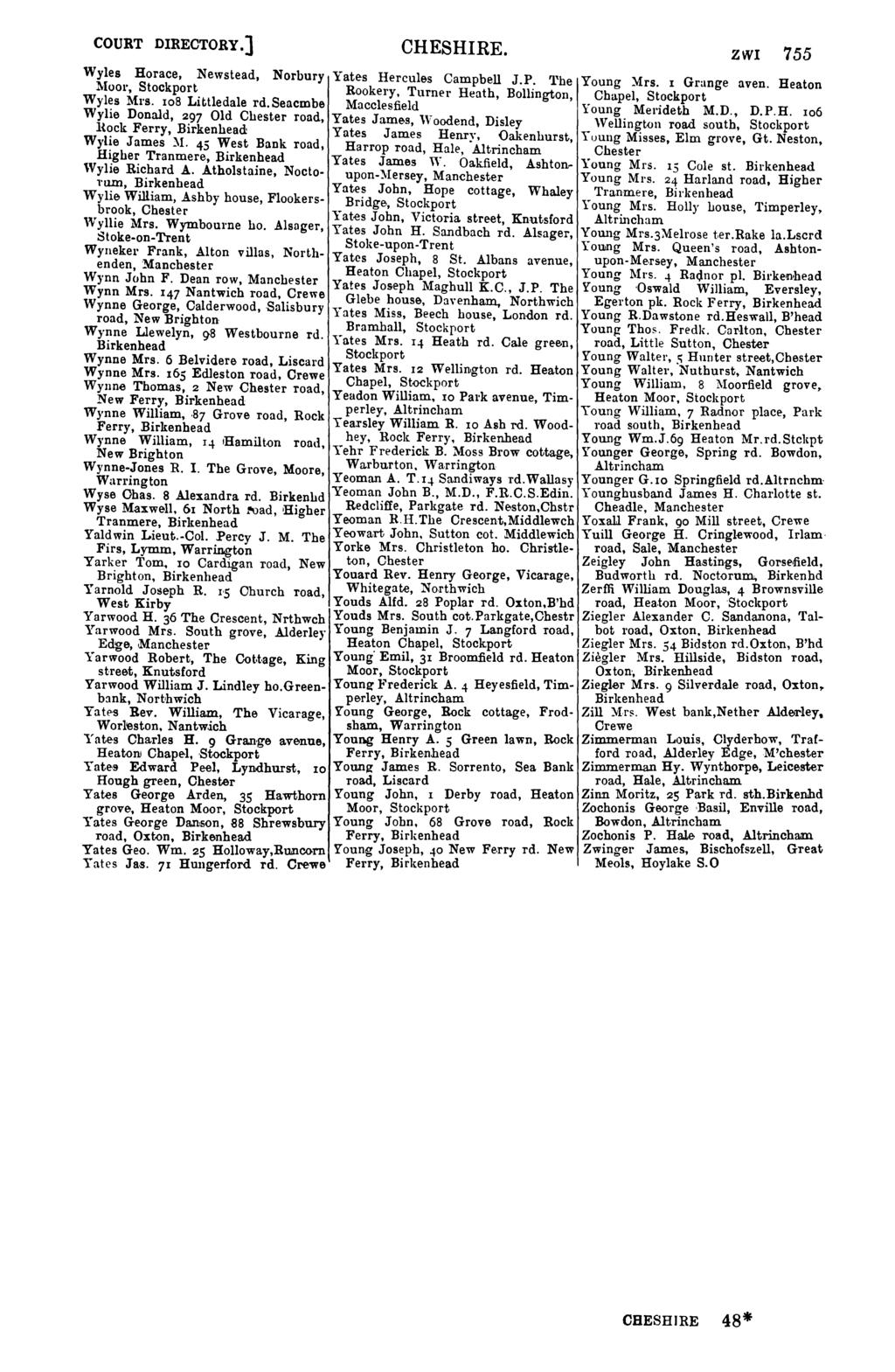 COURT DIRECTORY.] CHESHIRE. ZWI 755 Wyles Horace, Newstead, Norbury Yates Hercules Campbell J P 'l'he Young )Irs. I Grange aven.