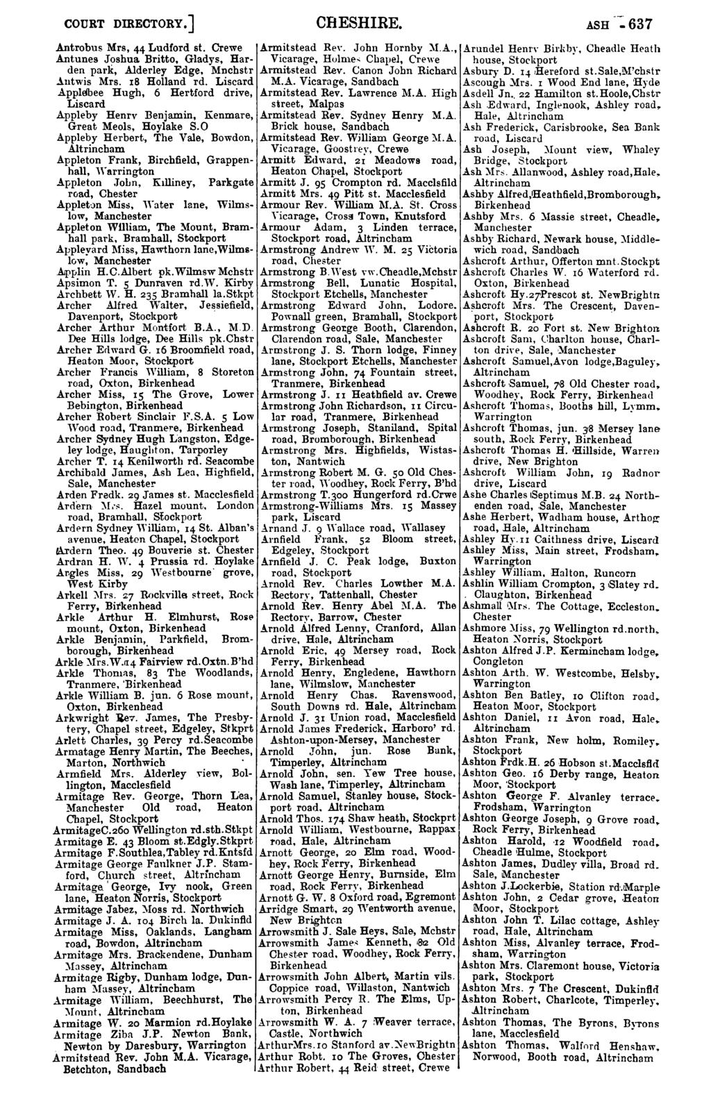 COURT DIRECTORY.] CHESHIRE. ASH -: 637 Antrobus Mrs, 44 Ludford st. Crewe Armitstead Rey. John Hornby ~I.A., Arundel Henry Bil'ldJY, Cheadle Heath Antunes Joshua Britto, Gladys, Har- Vicarage, Holme,; Chapel, Crewe house, Stockport.