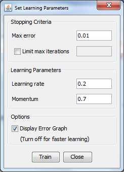 eksperimentalne vrednosti parametara za learning rate 0.2, maksimalu grešku 0.01 (1%) i momentum aparametar 0.7. Slika 33.