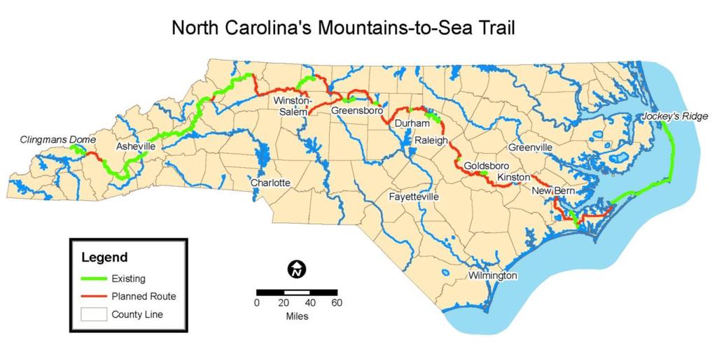 2) My goal then is to help them think about the trail in five sections two that are nearing completion (mountains and outer banks), one with a huge amount of progress (Guilford to