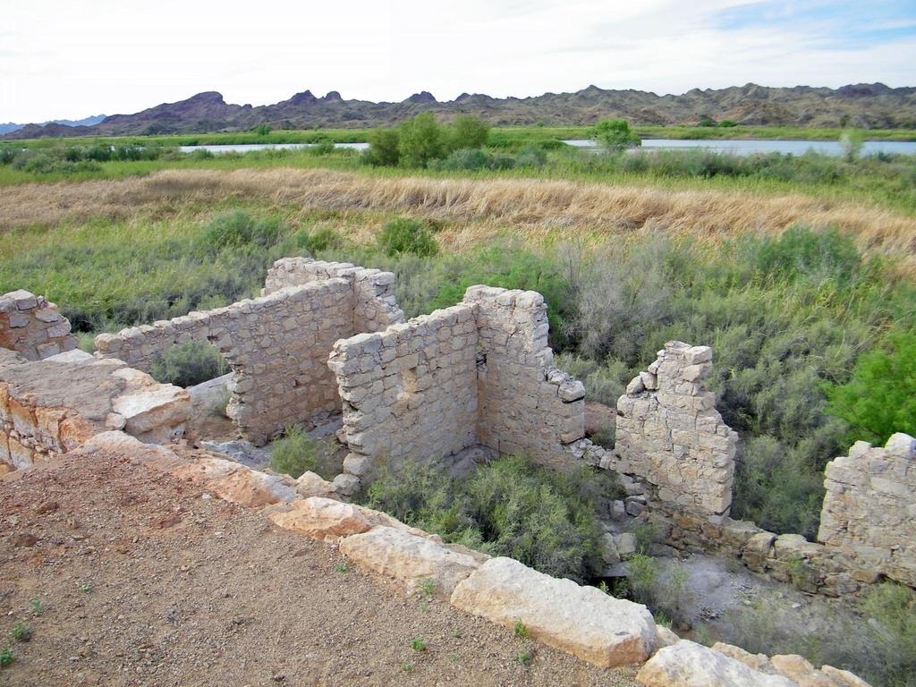 Lower Mill ruins, the Colorado River and view towards Imperial National Wildlife Refuge.