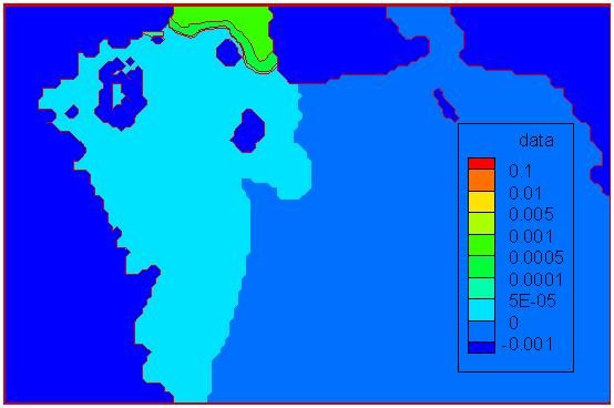 Hình 4: Kết quả mô phỏng nồng độ trầm tích lơ lửng trrong trường gió SE 7m/s với lưu lượng song trên trung bình (trái) và ở mức trung bình (phải) III.