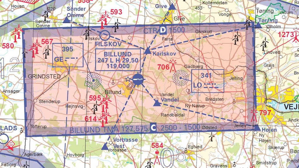 Billund (EKBI) Billund ATC is divided into 2 ATC units with their respective frequencies. Billund Tower controls Billund CTR and has to be called prior entering Billund CTR, and before taxi.