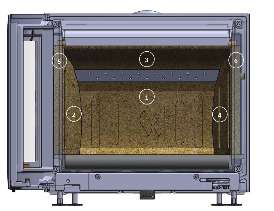 Install the hearth plates in the number order shown in the illustration. Finish by installing the log guard. The stove is now ready for rendering.