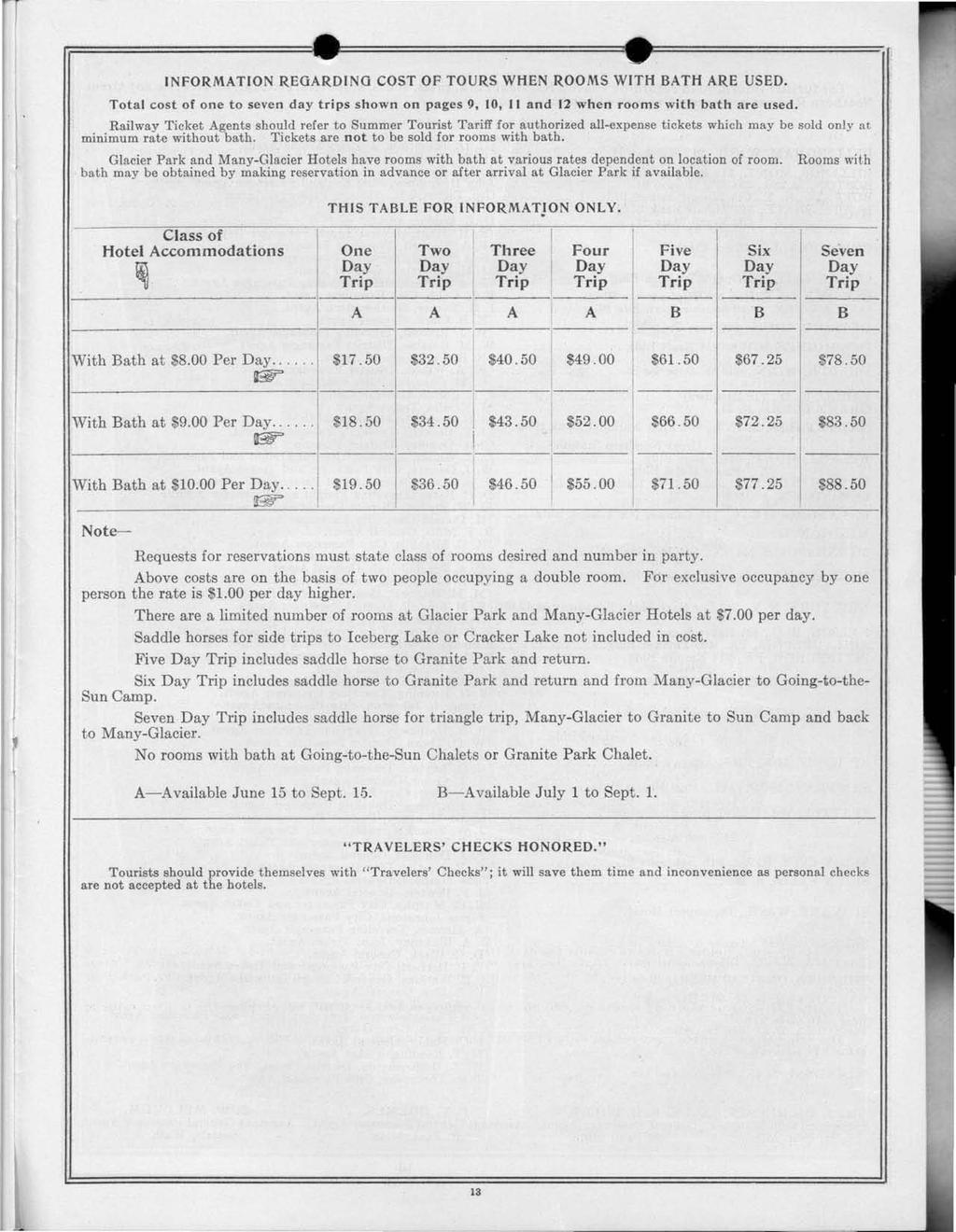INFORMATION REGARDING COST OF TOURS WHEN ROOMS WITH BATH AR.E USED. Total cost of one to seven day trips shown on pages 9, 0, II and 2 when rooms with bath are used.