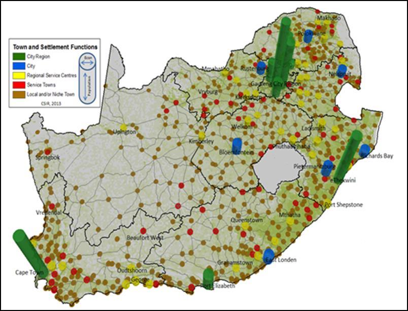 Figure 1: South African town and settlement functions and sizes (2013) Background The Functional Settlement Typology was originally developed by the CSIR as part of the National Spatial Trends