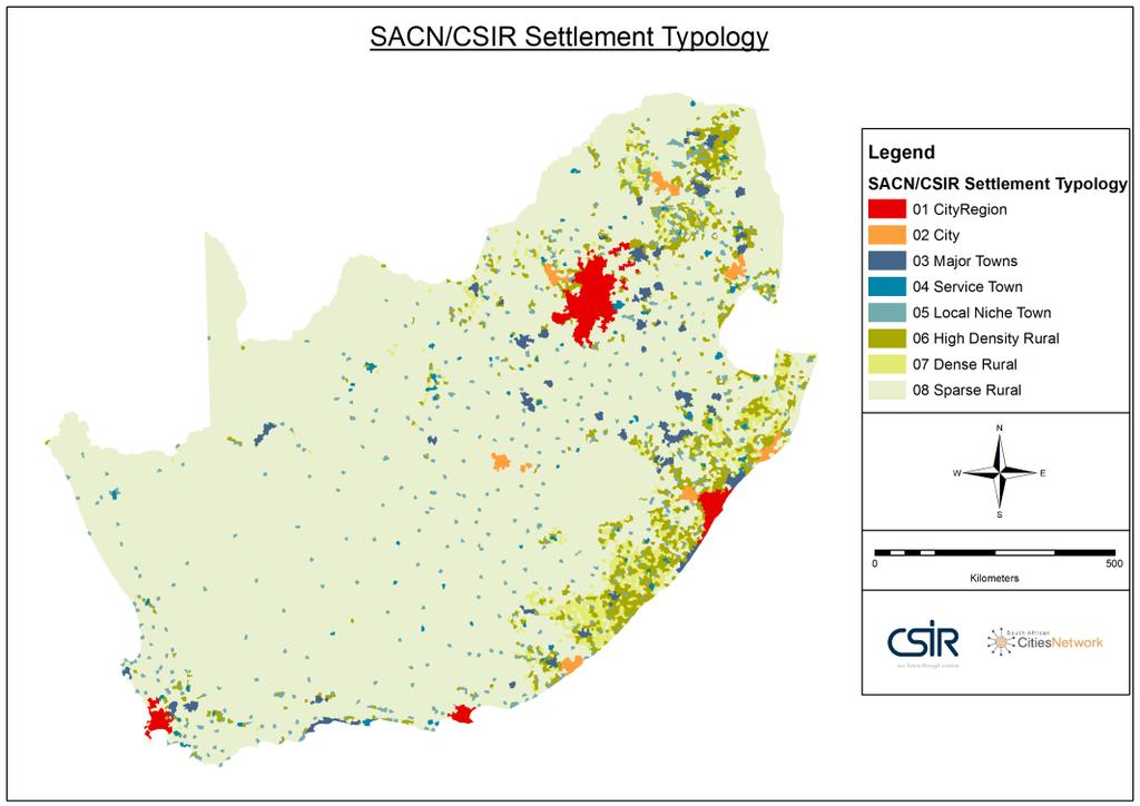 Figure 5: South Africa's sparsely populated area The spatial distribution of cities, towns and settlements according to the typology is set out on Figure 6, whilst more detailed definitions are set
