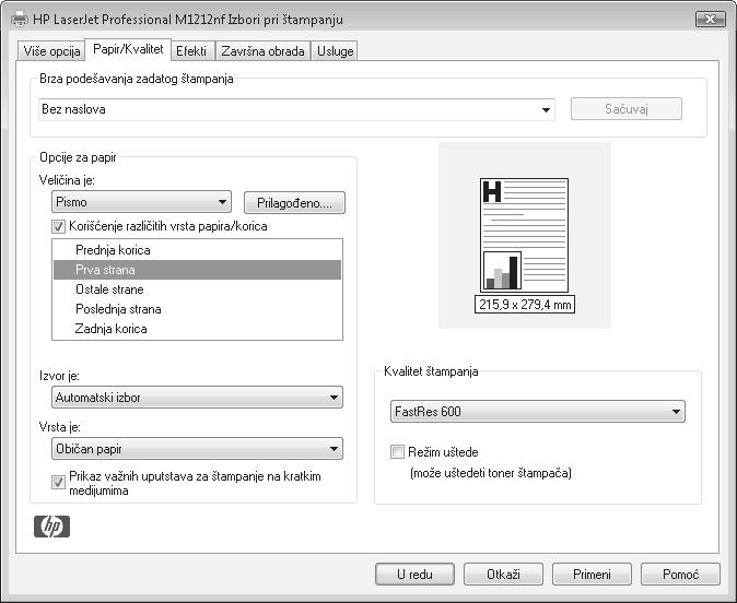 Štampanje prve ili poslednje stranice na drugačijem papiru u operativnom sistemu Windows 1. U meniju Datoteka u softveru izaberite stavku Štampanje. 2.