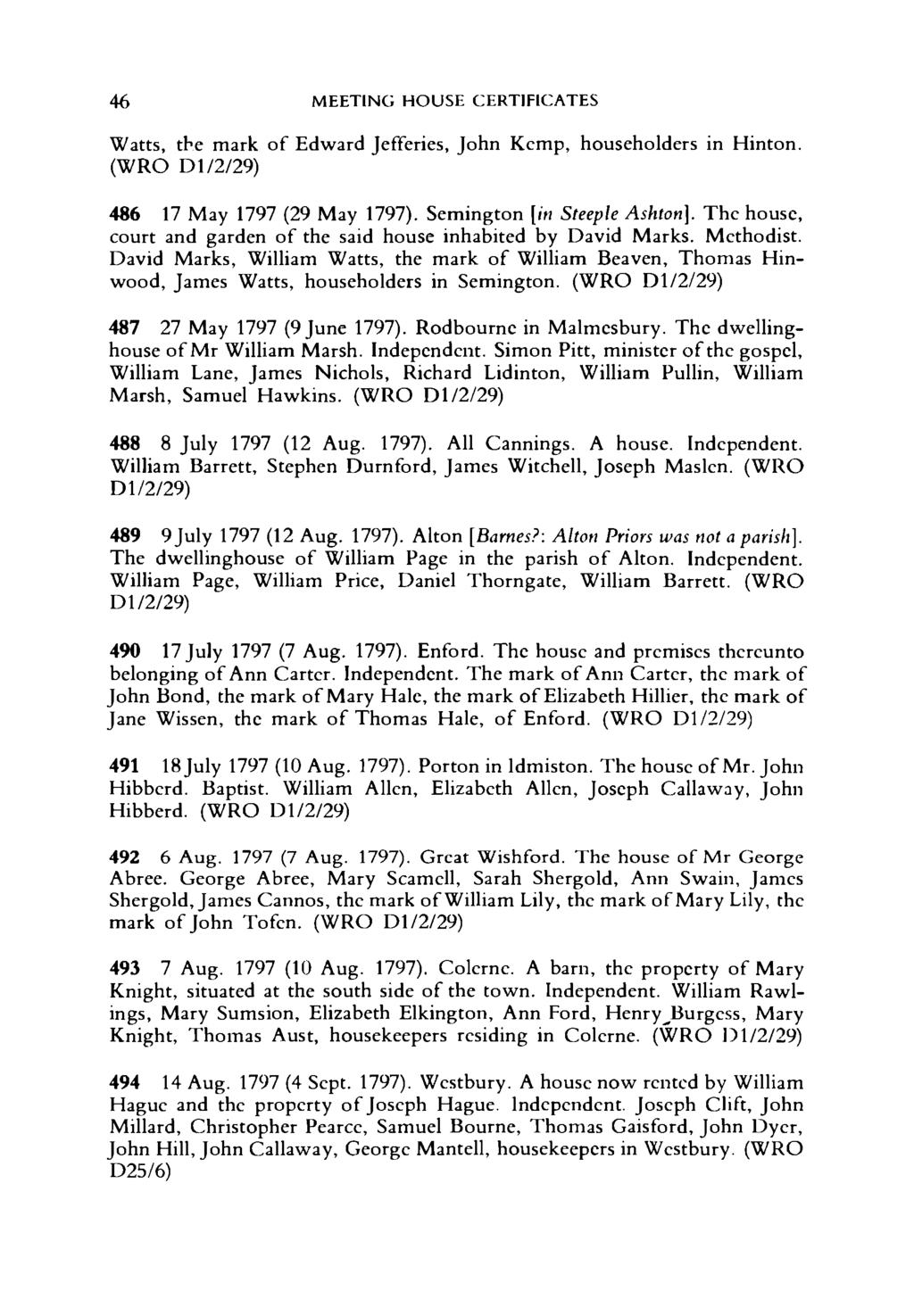 46 MEETING HOUSE CERTIFICATES Watts, the mark of Edward Jefferies, John Kemp, householders in Hinton. (WRO D1/2/29) 486 17 May 1797 (29 May 1797). Semington [in Steeple Ashton].