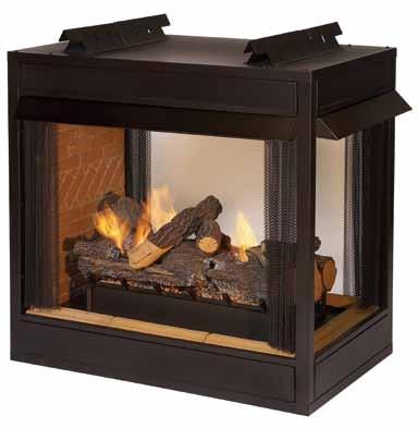 Vail systems include a built-in 24-inch Slope Glaze Vista Vent-Free Burner, arched frames with fixed screens, Banded Brick Liner, and glowing embers.