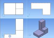 Slika 7.14: Izometrična in pravokotne projekcije predmeta v PowerSHAPE-e-ju. 7.8 CB Model Pro (3D) Postopek. Najprej kreiramo tri kocke z ikono Cube in jih postavimo skupaj v obliki črke L.