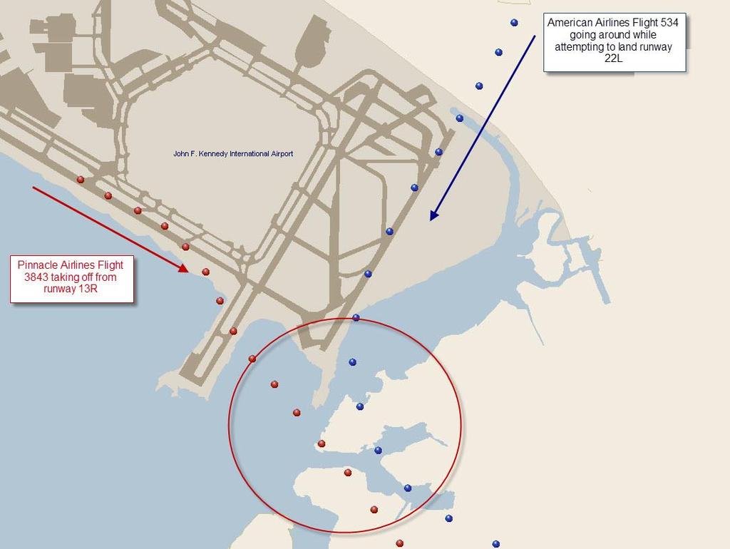 5 Figure 3. American Airlines flight 534 (blue dots) executed a go-around while attempting to land on runway 22L.