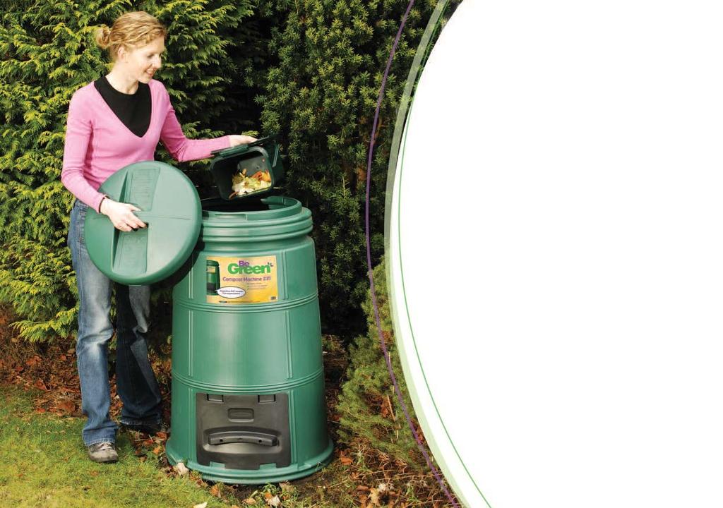 Home Composting Compost Machine 235 or 335 litres Twist-locking lid Large hatch Made from recycled plastic 10 year guarantee Capacity 235 litres 335 litres Height 990mm 1120mm Diameter 645mm
