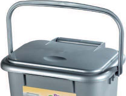 Home Composting Solid Kitchen Caddy 5 litres Wide side-to-side opening Snap-fitting lid to trap odours Fold back carry handle Available in green, and silver Capacity Width Depth Height 5 litres 270mm