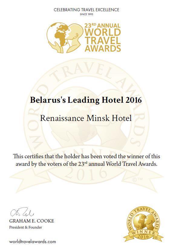 Our awards 2015. Best Foreign Hotel for Russian MICE 2016. World travel awards: Belarus's Leading Hotel 2016.
