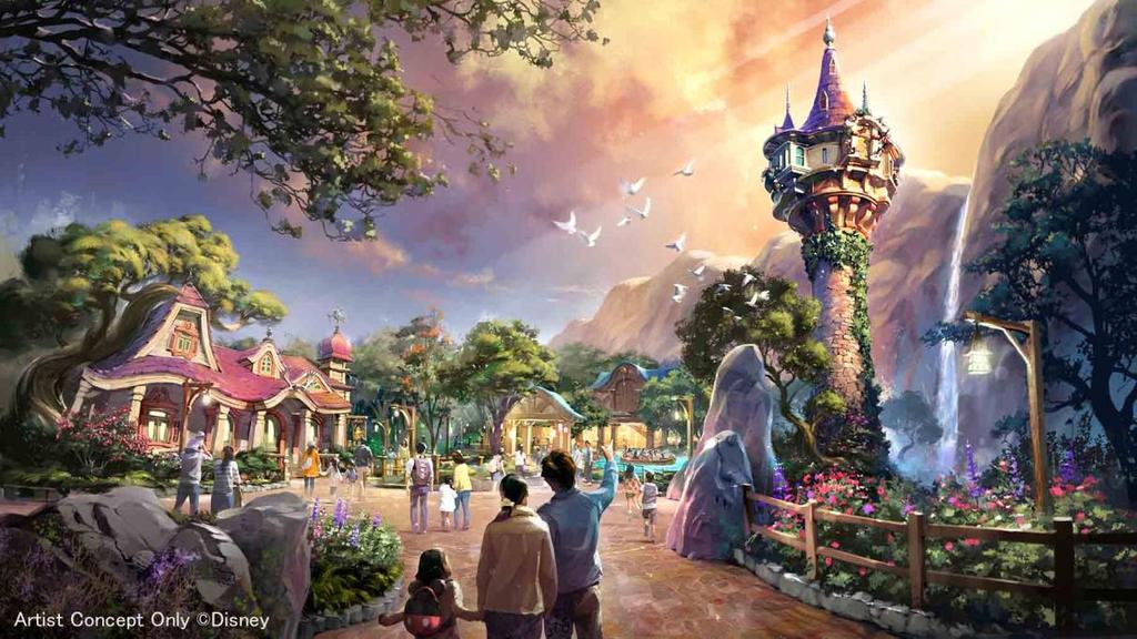 (2) Area themed to the Disney film Tangled Guests visiting this area will discover Rapunzel s tower rising above in a charming forest.