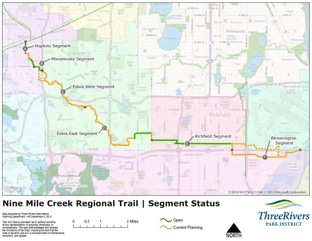 Hopkins: In Hopkins, the regional trail will connect to the Minnesota River Bluffs LRT Regional Trail, which will provide access to the Lake Minnetonka LRT Regional Trail, the Cedar Lake LRT Regional