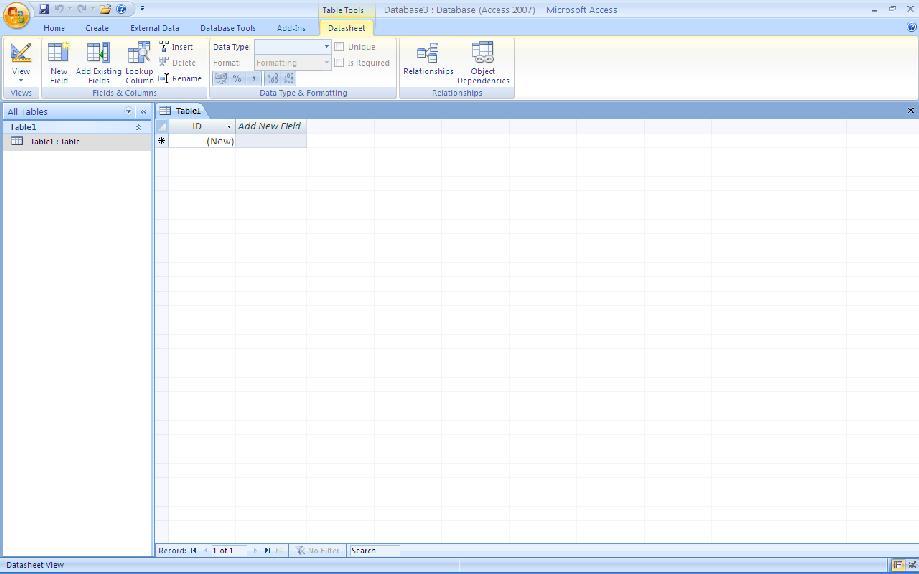 Primjer 2. Otvaranje nove baze podataka Da bi se otvorila nova BP treba se kliknuti na gumb Microsoft Office pa se iz ponuđenog izbornika odabire opcija New.