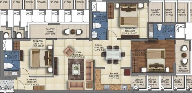 HIG-2 GREATER NOIDA (WEST) Typical Floor Plan: 3 BHK Super Area: 141.21 sq. mtr./1520 sq. ft. Built-up Area: 115.85 sq. mtr./1247 sq. ft. Carpet Area : 88.