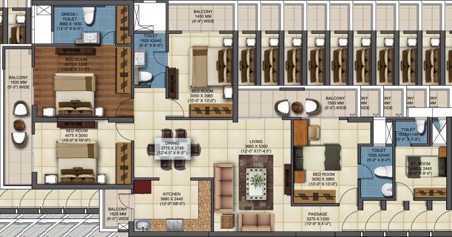 SHIG-1 Typical Floor Plan: 4 BHK+SERVANT ROOM Super Area: 203.46 sq. mtr./2190 sq. ft. Built-up Area: 167.22 sq. mtr./1800 sq. ft. Carpet Area : 125.