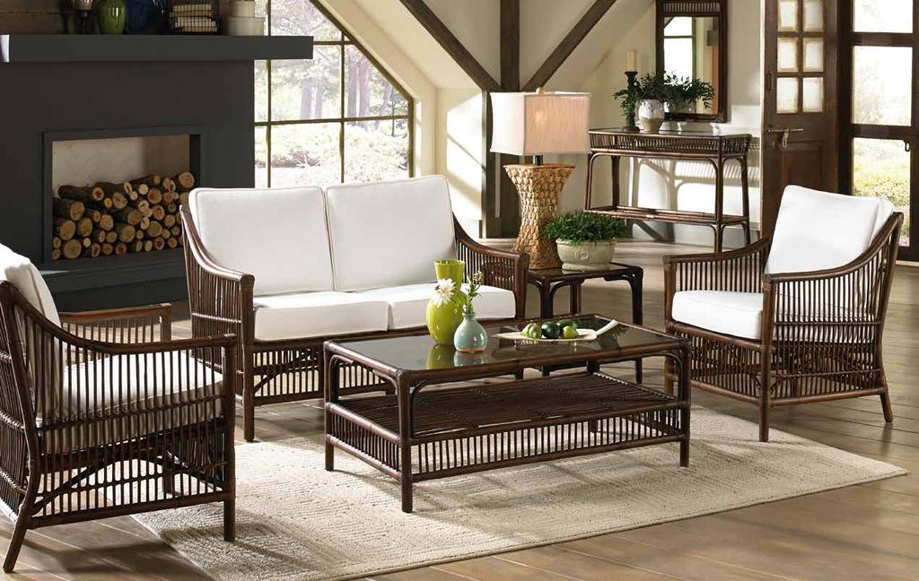 The Panama Jack Bora Bora sunroom collection features rattan poles intricately positioned by
