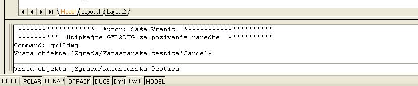 Rad s makronaredbom gml2dwg Ovu makronaredbu (lisp) pokrećemo tako da u AutoCAD-ov redak za naredbe upišemo naredbu gml2dwg (Slika 5).