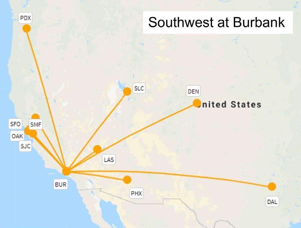 #4 Burbank: A Southwest story Growth 15% Southwest dominates with 76 percent of BUR s 7.1m annual capacity. Southwest added 0.6m seats last year and operates ten routes, mostly to West and Midwest U.