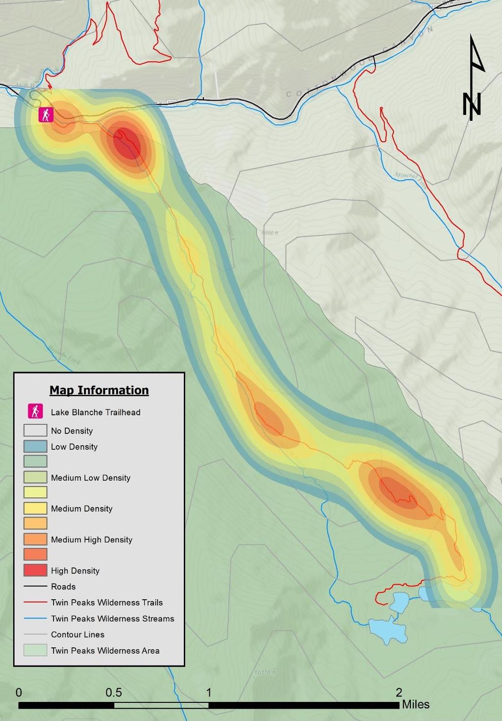 18 Figure 3: Heat Map of Total Group Encounter Locations on Lake Blanche Trail Figure 3 shows density of the total group encounter locations on the Lake Blanche trail.