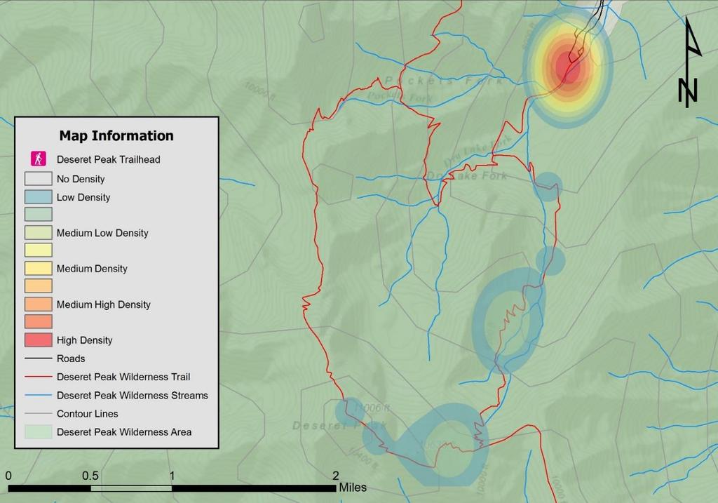 44 Figure 22: Heat Map of Total Group Encounter Locations on Deseret Peak Trail Figure 22 shows density of the total group encounter locations on the Deseret Peak Loop Trail.