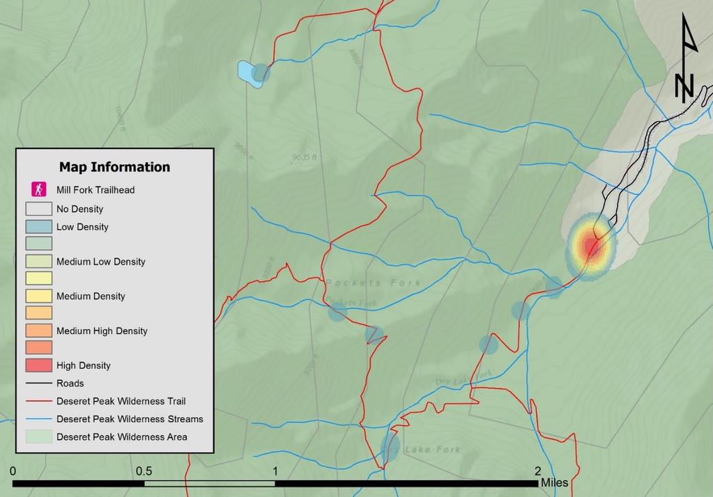 47 Figure 24: Heat Map of Total Group Encounter Locations on Mill Fork Trail Figure 24 shows the relative density of the total group encounter locations on the Mill Fork Trail.