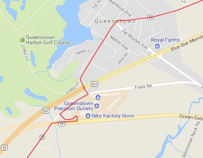 DETAIL MAP OF QUEENSTOWN, MD FROM STATE PARK CAUTION: This segment of the route across Maryland s eastern shore is not recommended for inexperienced cyclists because it requires three very dangerous