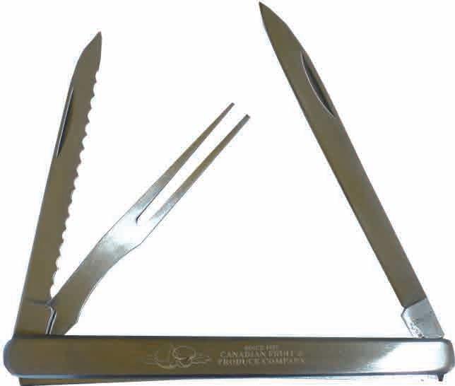 Ginny s Produce Queen 3 Blade Stainless Steel Produce Knife Item# K-GPQ 4 1 /4 Standard Blade, 3 1 /2 Serrated Blade, & 3 1 /2 Fork 24 $10.50 ea. $9.50 ea. 144 $8.95 ea.