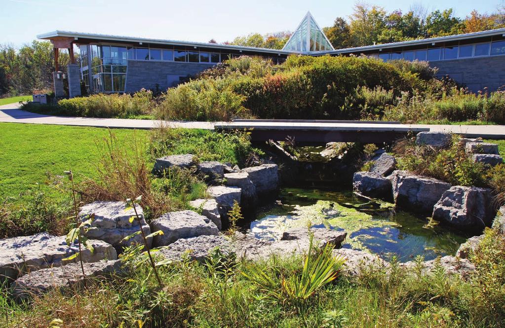 The Centre for Conservation treats water carefully: cisterns store rainwater for dual-flush toilets, with excess rainwater feeding the natural pond surrounded by drought-resistant landscaping.