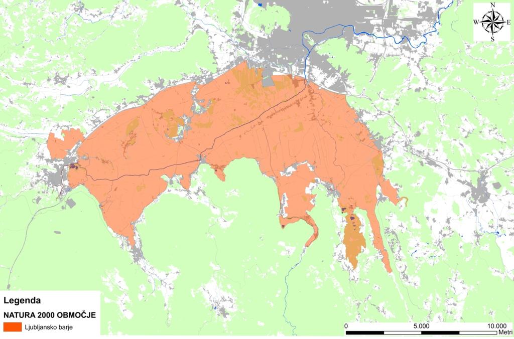 Slika 2: Natura 2000 območje Ljubljansko barje (vir podatkov: Agencija RS za okolje, 2009) Krajinski park Ljubljansko