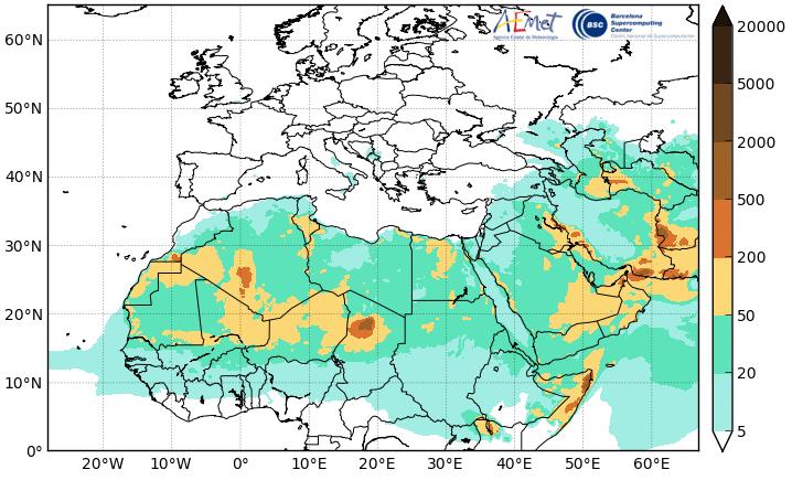 1.2.3 Surface Dust Concentration Figure 4b shows a low concentration of dust 3 between 5 and 50μg/m over most of Algeria, Libya, Morocco, Egypt, Mauritania, Senegal, Mali, Burkina Faso, Nigeria,