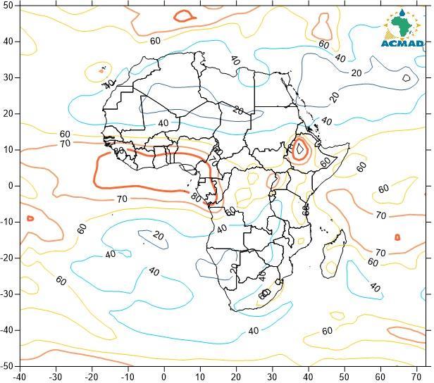 1.2.5 Relative Humidity (RH) at 850 hpa The 850hPa level (Figure 6a) had high RH value ( 60%) during the second dekad of September 2015, over southern part of the Sahel, Gulf of Guinea countries,