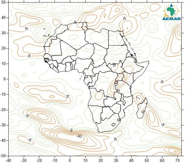 The RH anomalies for the second dekad of September, 2015 compared to the reference period 2002-2011 (Figure 6b), were positive over most of the continent except over northern Algeria and Tunisia,